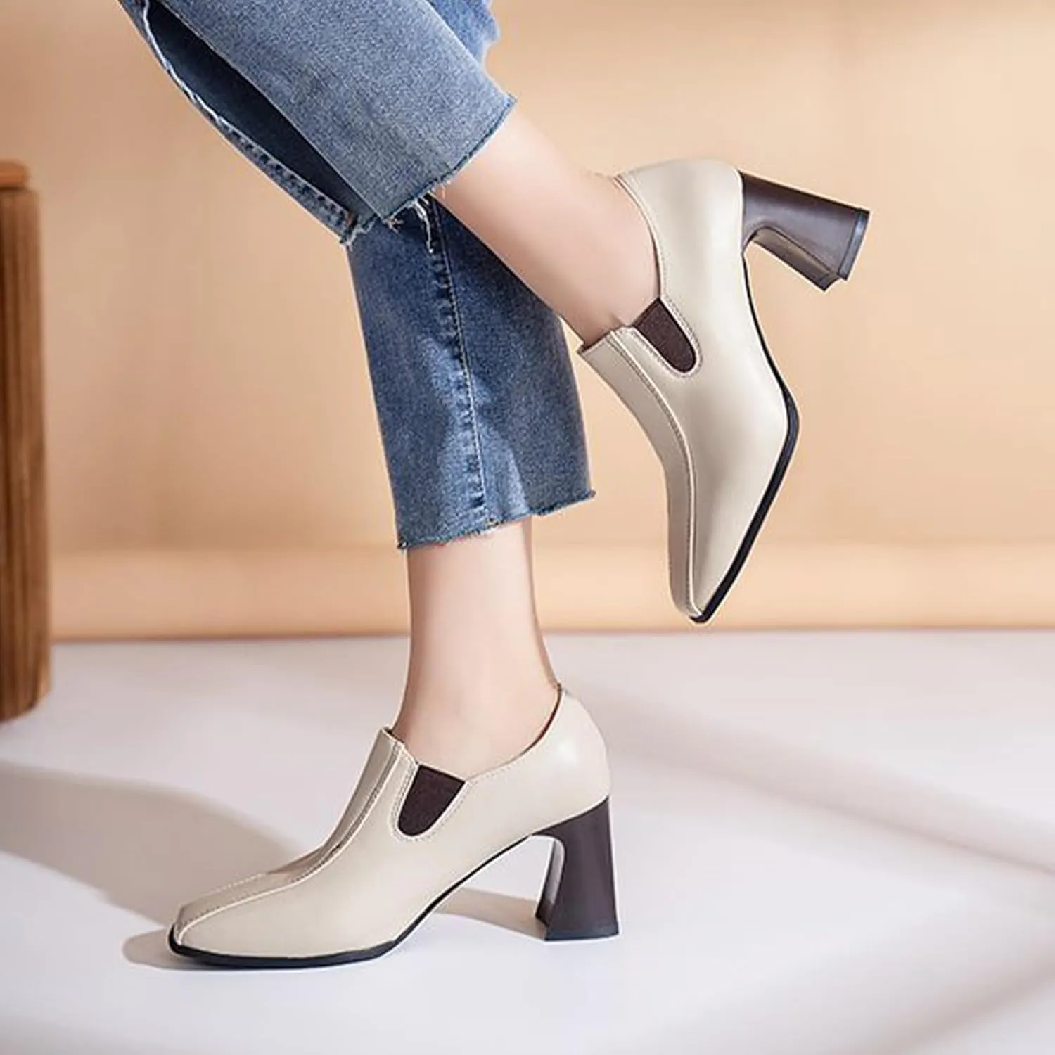 Aceptolcom Women Square Toe Heel Loafers Dress Shoes,Casual Fashion Comfort Leather Slip On Chunky Pumps Office Shoes Block Heel Loafers