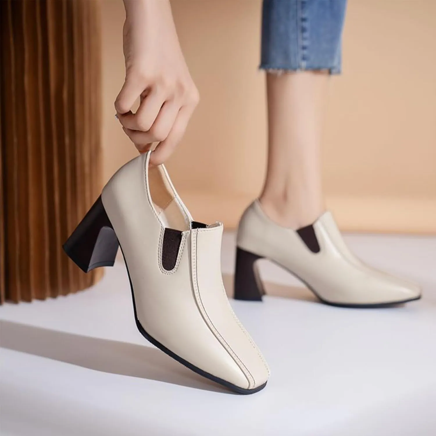 Aceptolcom Women Square Toe Heel Loafers Dress Shoes,Casual Fashion Comfort Leather Slip On Chunky Pumps Office Shoes Block Heel Loafers
