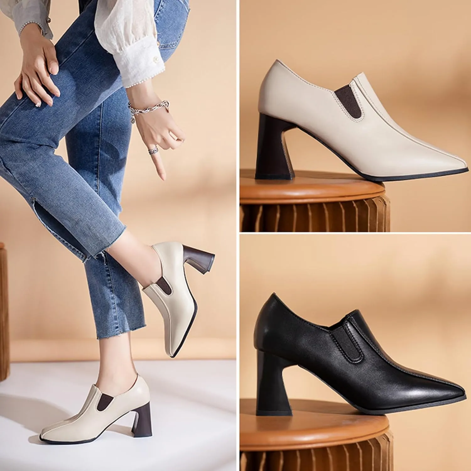 Aceptolcom Women Square Toe Heel Loafers Dress Shoes,Casual Fashion Comfort Leather Slip On Chunky Pumps Office Shoes Block Heel Loafers