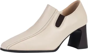 Aceptolcom Women Square Toe Heel Loafers Dress Shoes,Casual Fashion Comfort Leather Slip On Chunky Pumps Office Shoes Block Heel Loafers