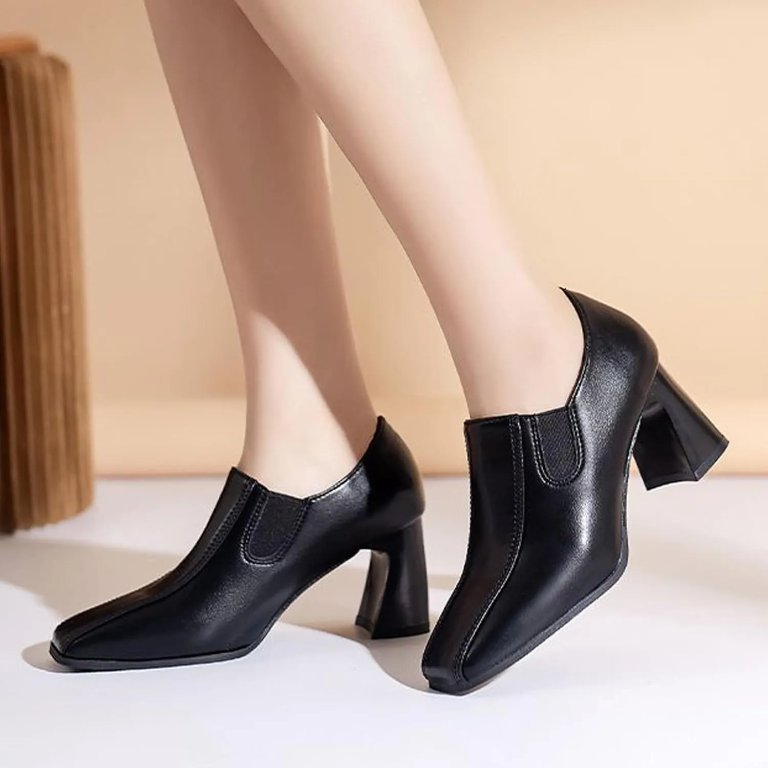 Aceptolcom Women Square Toe Heel Loafers Dress Shoes,Casual Fashion Comfort Leather Slip On Chunky Pumps Office Shoes Block Heel Loafers