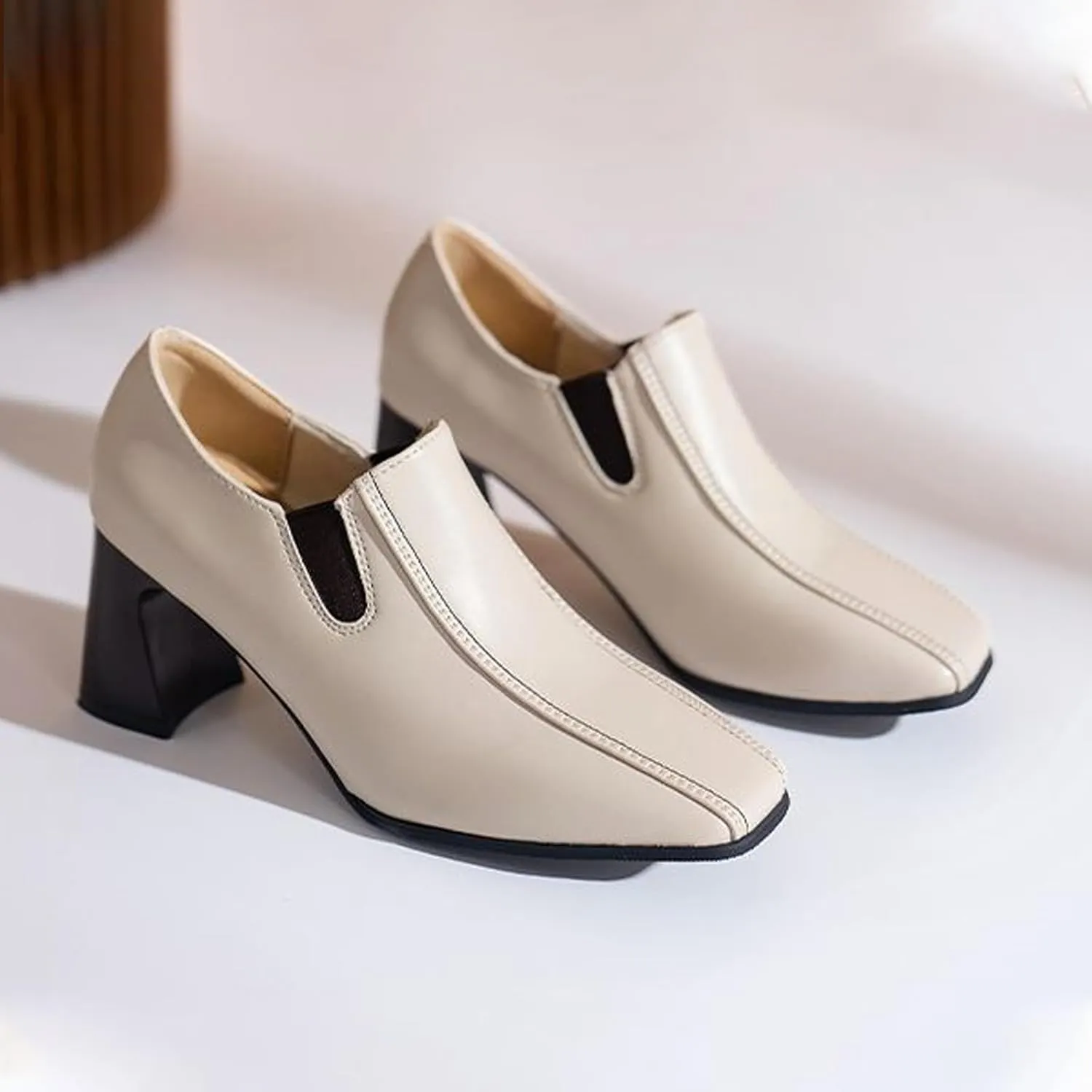 Aceptolcom Women Square Toe Heel Loafers Dress Shoes,Casual Fashion Comfort Leather Slip On Chunky Pumps Office Shoes Block Heel Loafers