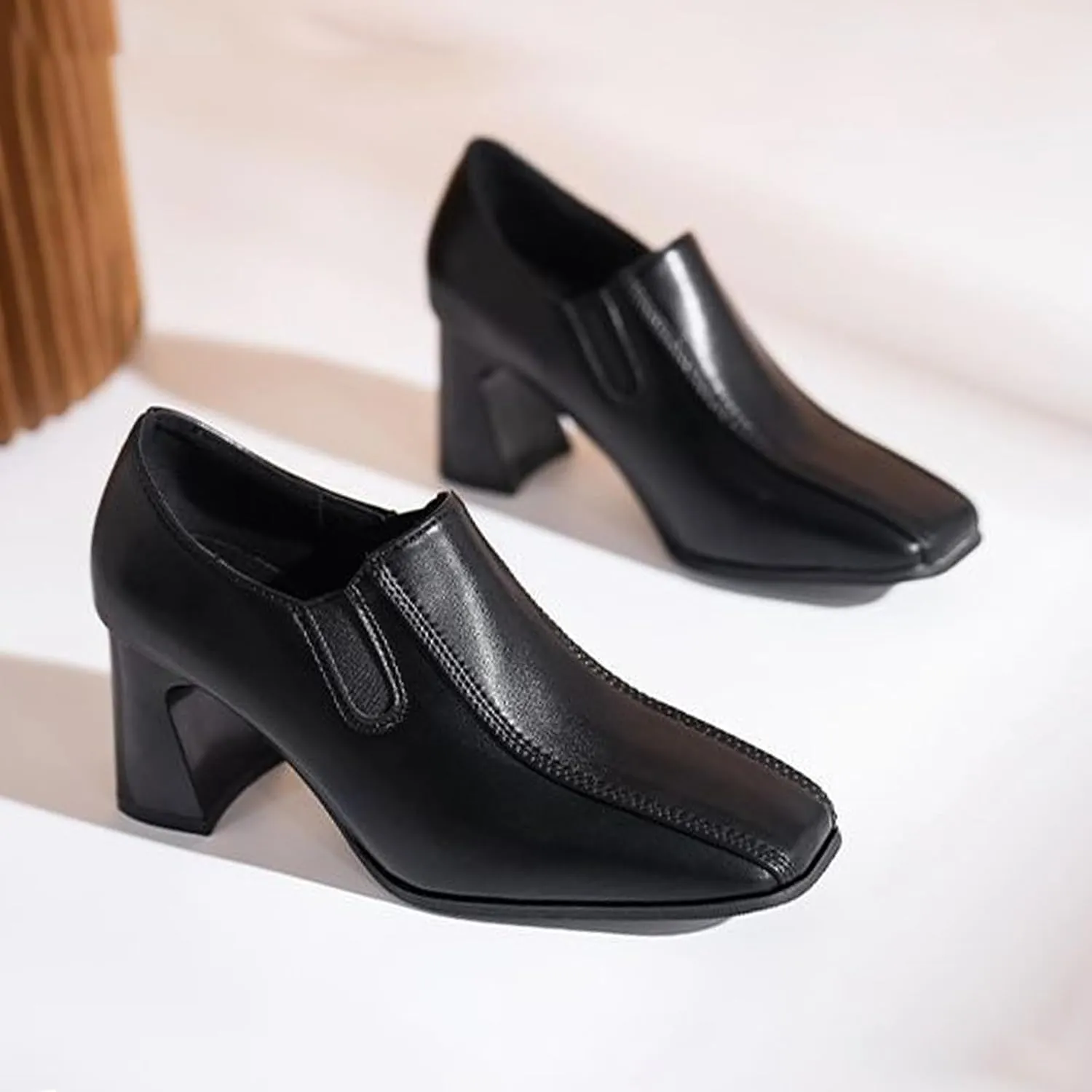 Aceptolcom Women Square Toe Heel Loafers Dress Shoes,Casual Fashion Comfort Leather Slip On Chunky Pumps Office Shoes Block Heel Loafers