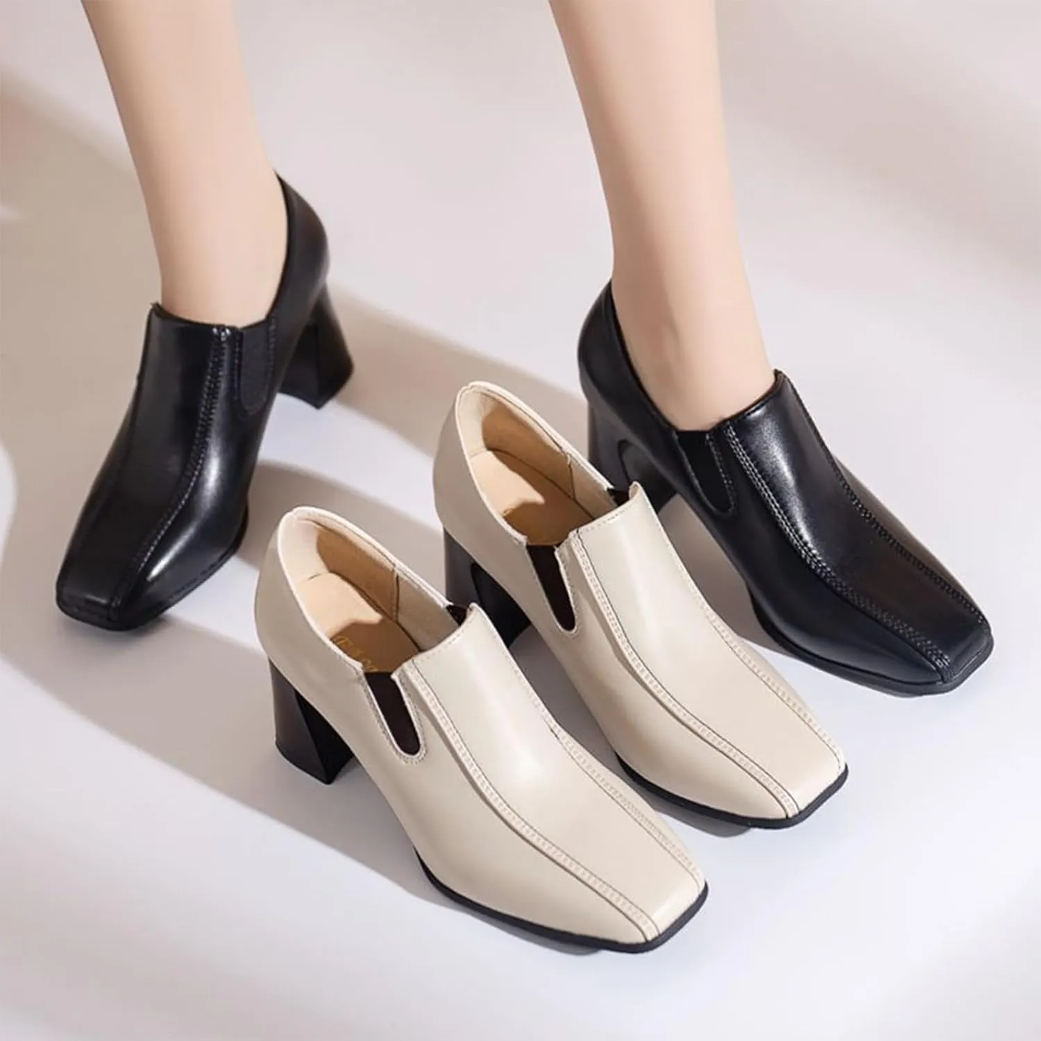 Aceptolcom Women Square Toe Heel Loafers Dress Shoes,Casual Fashion Comfort Leather Slip On Chunky Pumps Office Shoes Block Heel Loafers