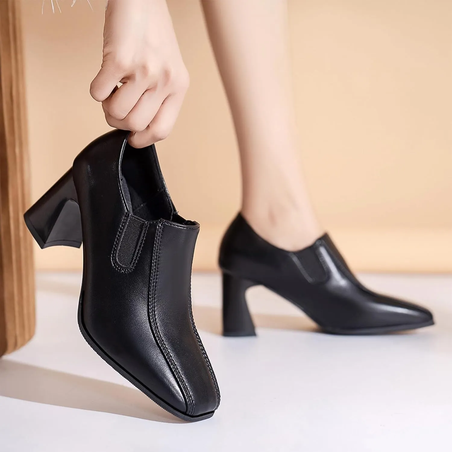 Aceptolcom Women Square Toe Heel Loafers Dress Shoes,Casual Fashion Comfort Leather Slip On Chunky Pumps Office Shoes Block Heel Loafers