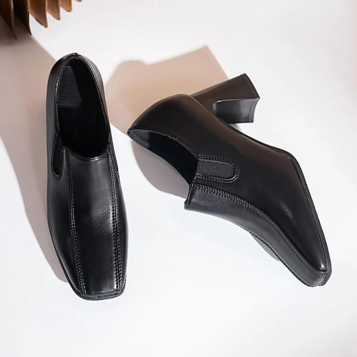 Aceptolcom Women Square Toe Heel Loafers Dress Shoes,Casual Fashion Comfort Leather Slip On Chunky Pumps Office Shoes Block Heel Loafers