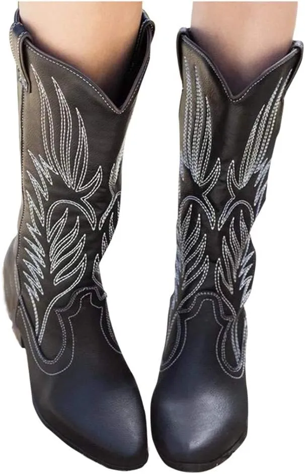 AMDBEL Boots For Women Cowboy Style, Chelsea Boots Women Flower Embroidery Mid Calf Chunky Platform Boots Cowgirls Boots