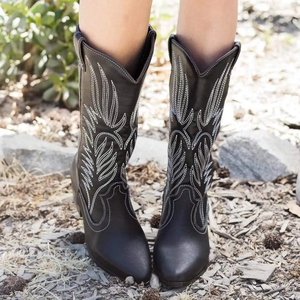 AMDBEL Boots For Women Cowboy Style, Chelsea Boots Women Flower Embroidery Mid Calf Chunky Platform Boots Cowgirls Boots