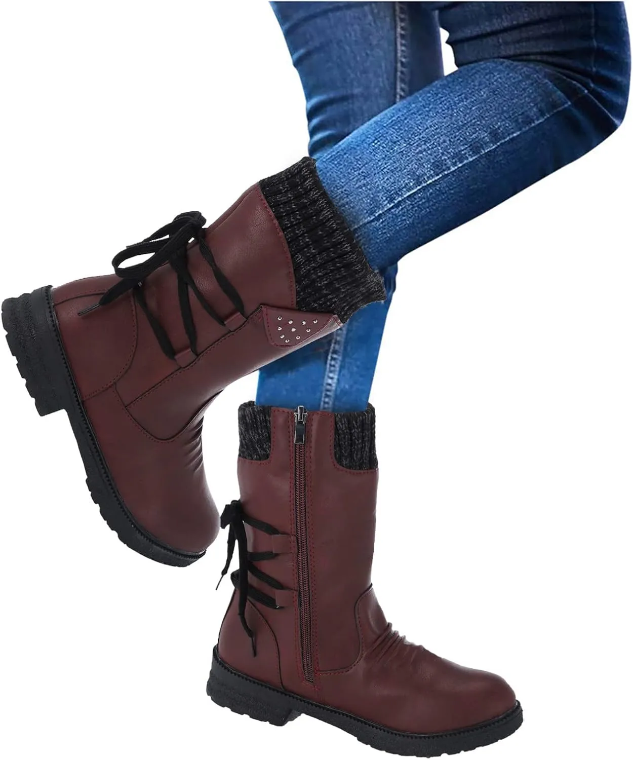 AMDBEL Winter Boots for Women Snow, Women's Mid Calf Flat Ankle Booties for Cowgirl Side Zip Buckle Strappy Shoes Snow Boots