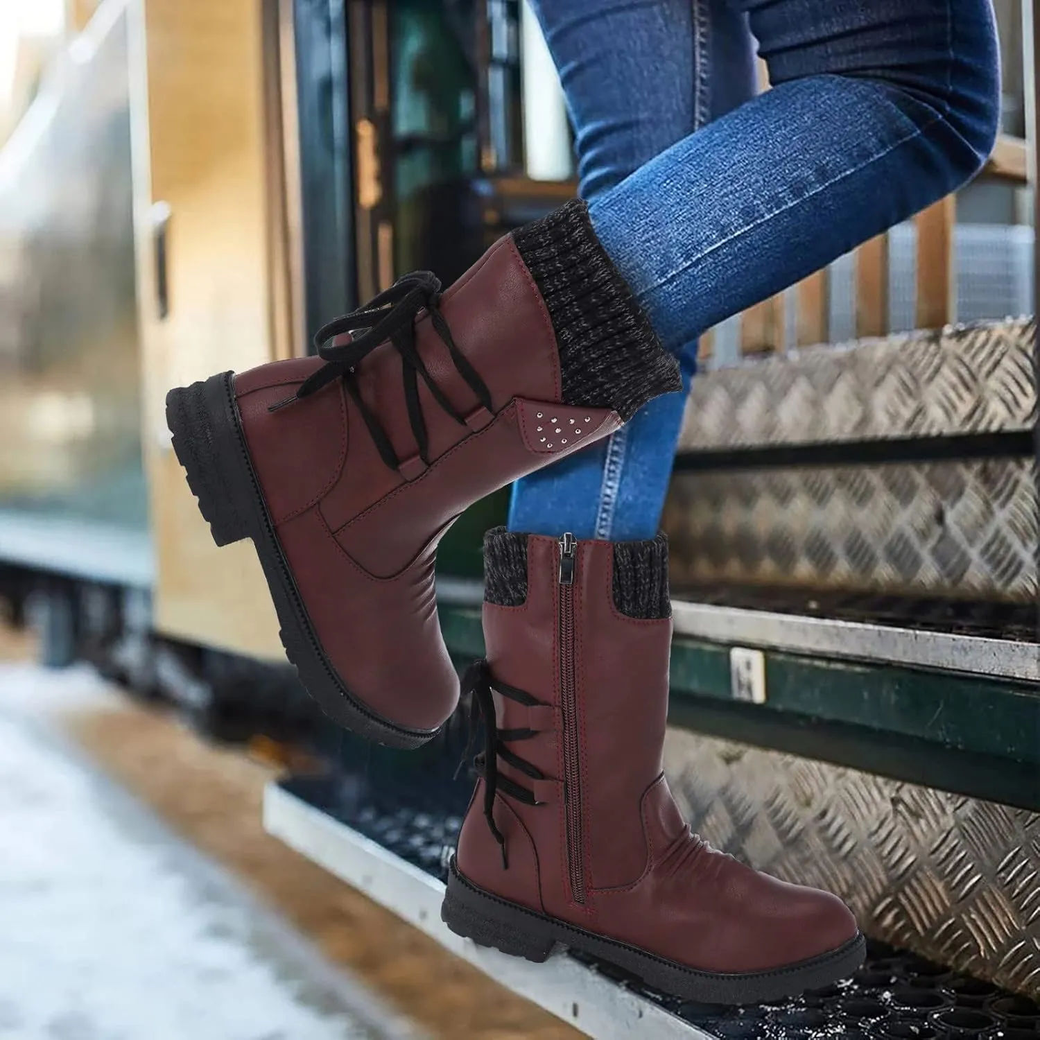 AMDBEL Winter Boots for Women Snow, Women's Mid Calf Flat Ankle Booties for Cowgirl Side Zip Buckle Strappy Shoes Snow Boots