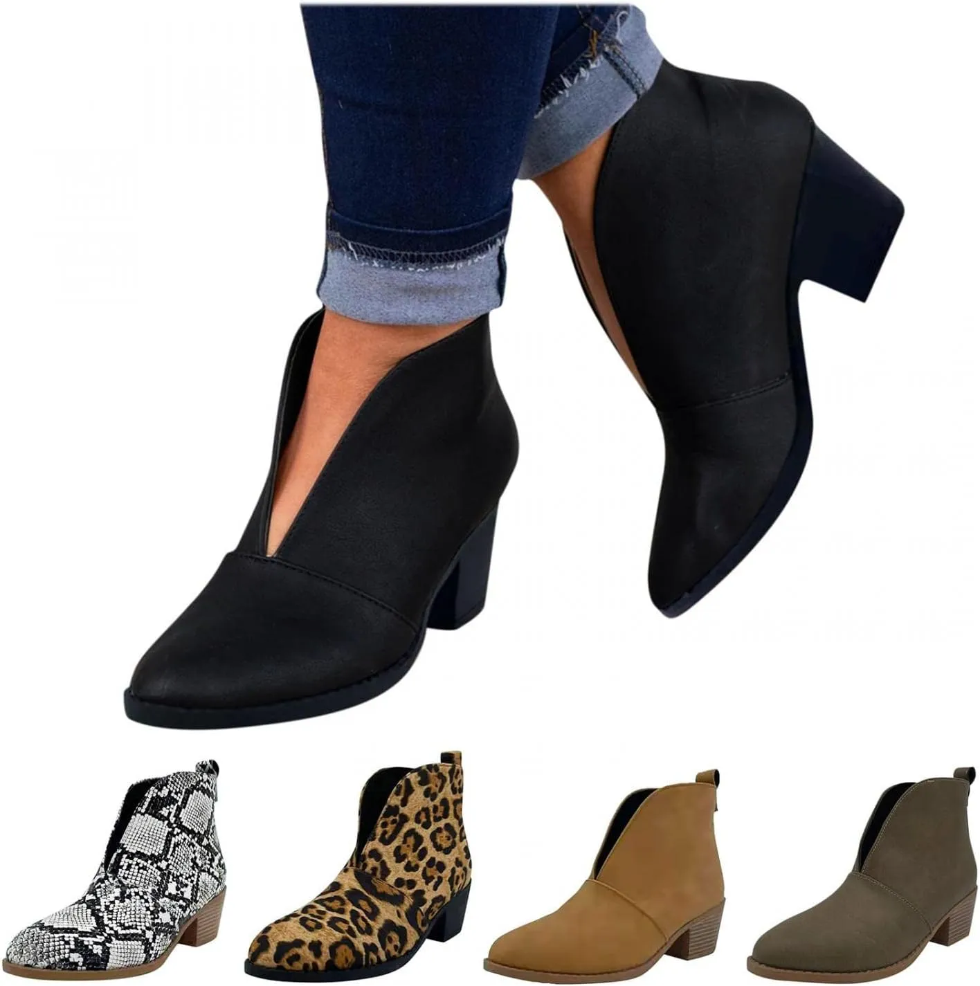 Ankle Booties for Women Low Heel,Rhinestone Ankle Booties Comfy Short Boots Chunky Block Western Shoes