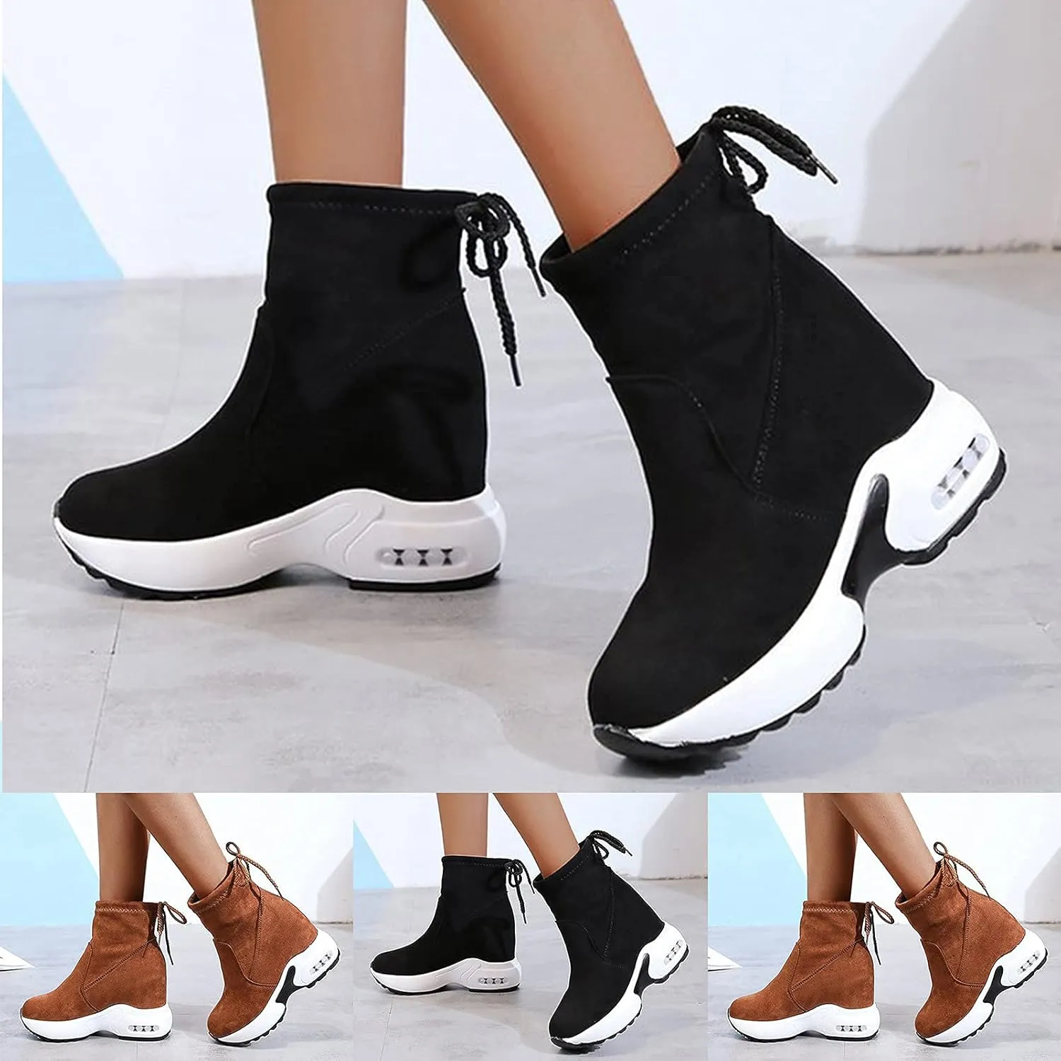 Bcshiye Winter Boots for Women Wedge Platform Warm Fur Snow Ankle Boot Lace Up Wide Width Hidden Wedge Sneaker