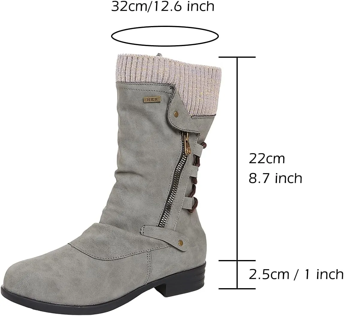 Bcshiye Women's Ankle Bootie Winter Mid Calf Military Combat Boots Comfort Slip On Low Chunky Heel Warm Snow Boots