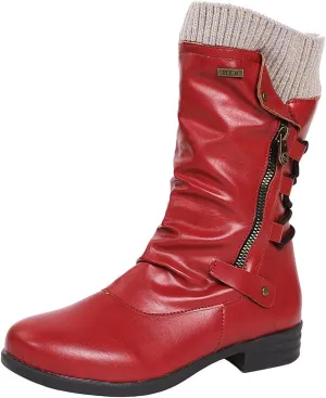Bcshiye Women's Ankle Bootie Winter Mid Calf Military Combat Boots Comfort Slip On Low Chunky Heel Warm Snow Boots