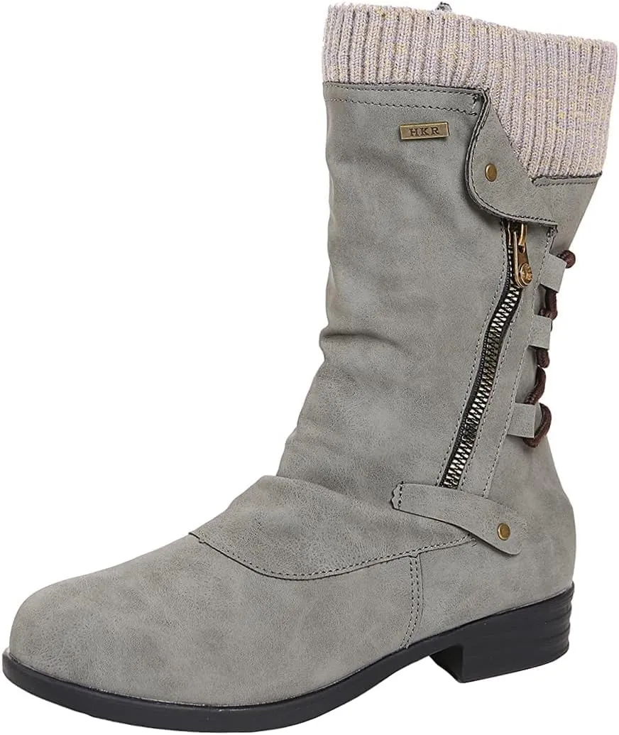 Bcshiye Women's Ankle Bootie Winter Mid Calf Military Combat Boots Comfort Slip On Low Chunky Heel Warm Snow Boots