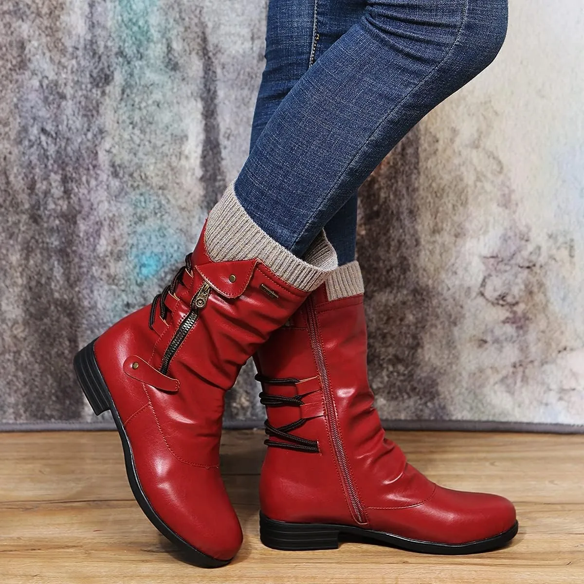 Bcshiye Women's Ankle Bootie Winter Mid Calf Military Combat Boots Comfort Slip On Low Chunky Heel Warm Snow Boots