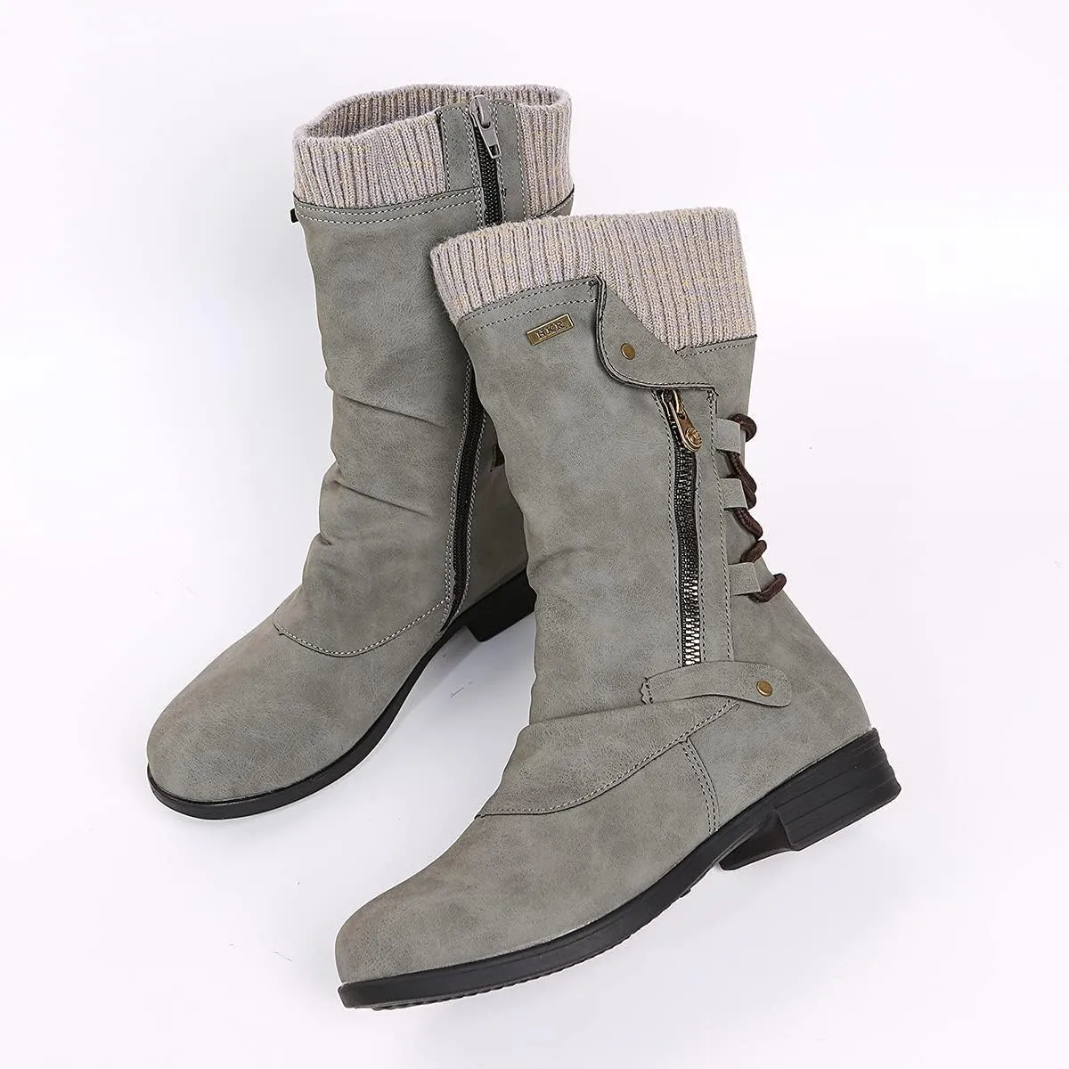 Bcshiye Women's Ankle Bootie Winter Mid Calf Military Combat Boots Comfort Slip On Low Chunky Heel Warm Snow Boots