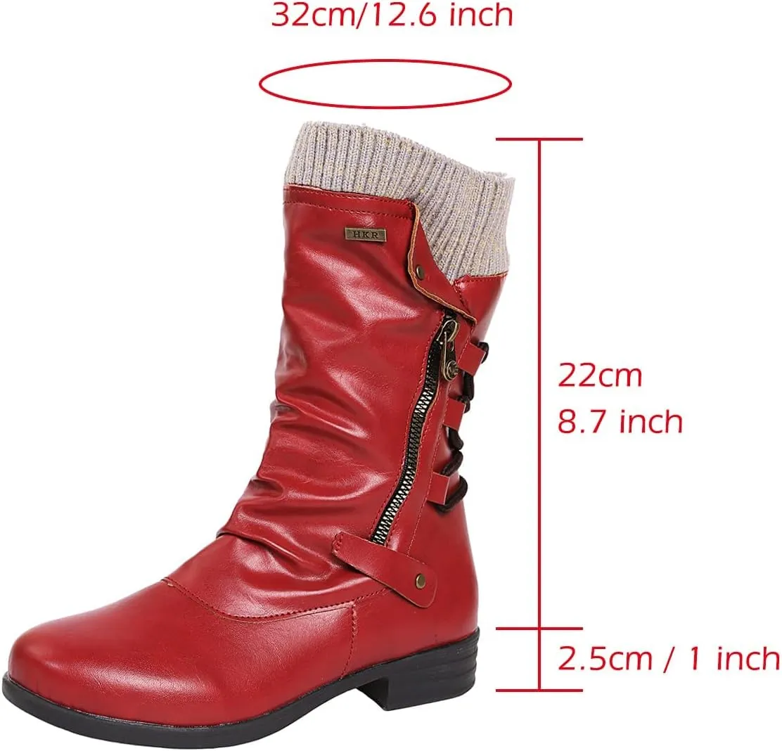 Bcshiye Women's Ankle Bootie Winter Mid Calf Military Combat Boots Comfort Slip On Low Chunky Heel Warm Snow Boots