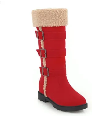 Bcshiye Women's Chunky Heel Knee High Snow Boots Winter Warm Comfy Suede Faux Fur Lined Buckle Round Toe Riding Booties