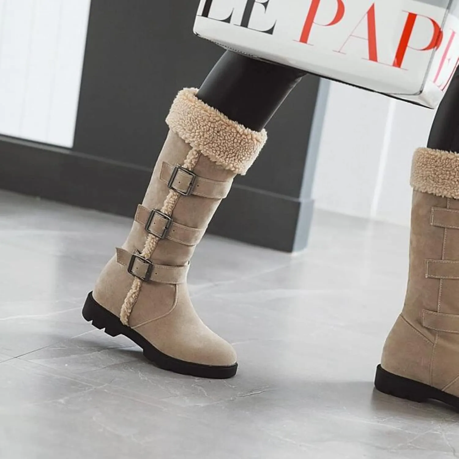 Bcshiye Women's Chunky Heel Knee High Snow Boots Winter Warm Comfy Suede Faux Fur Lined Buckle Round Toe Riding Booties