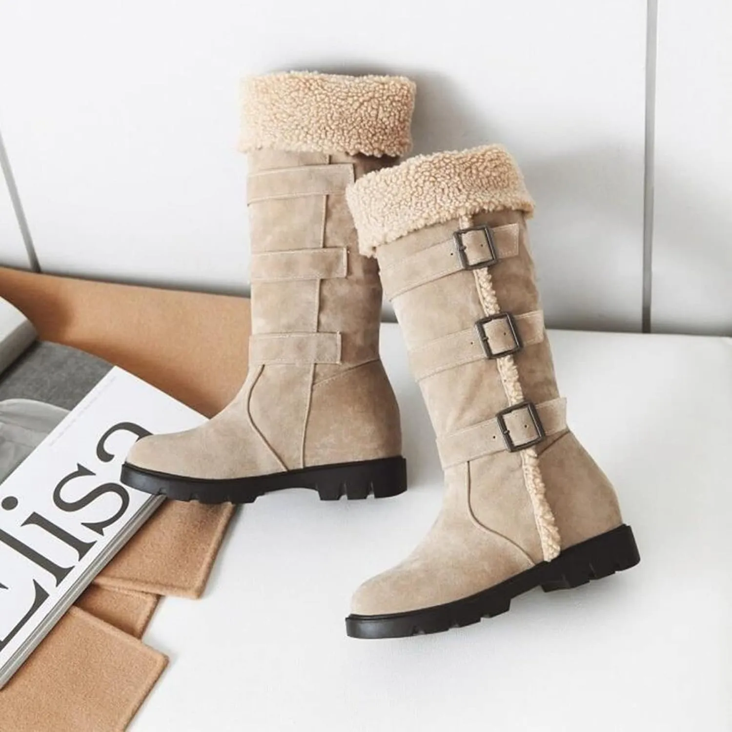 Bcshiye Women's Chunky Heel Knee High Snow Boots Winter Warm Comfy Suede Faux Fur Lined Buckle Round Toe Riding Booties