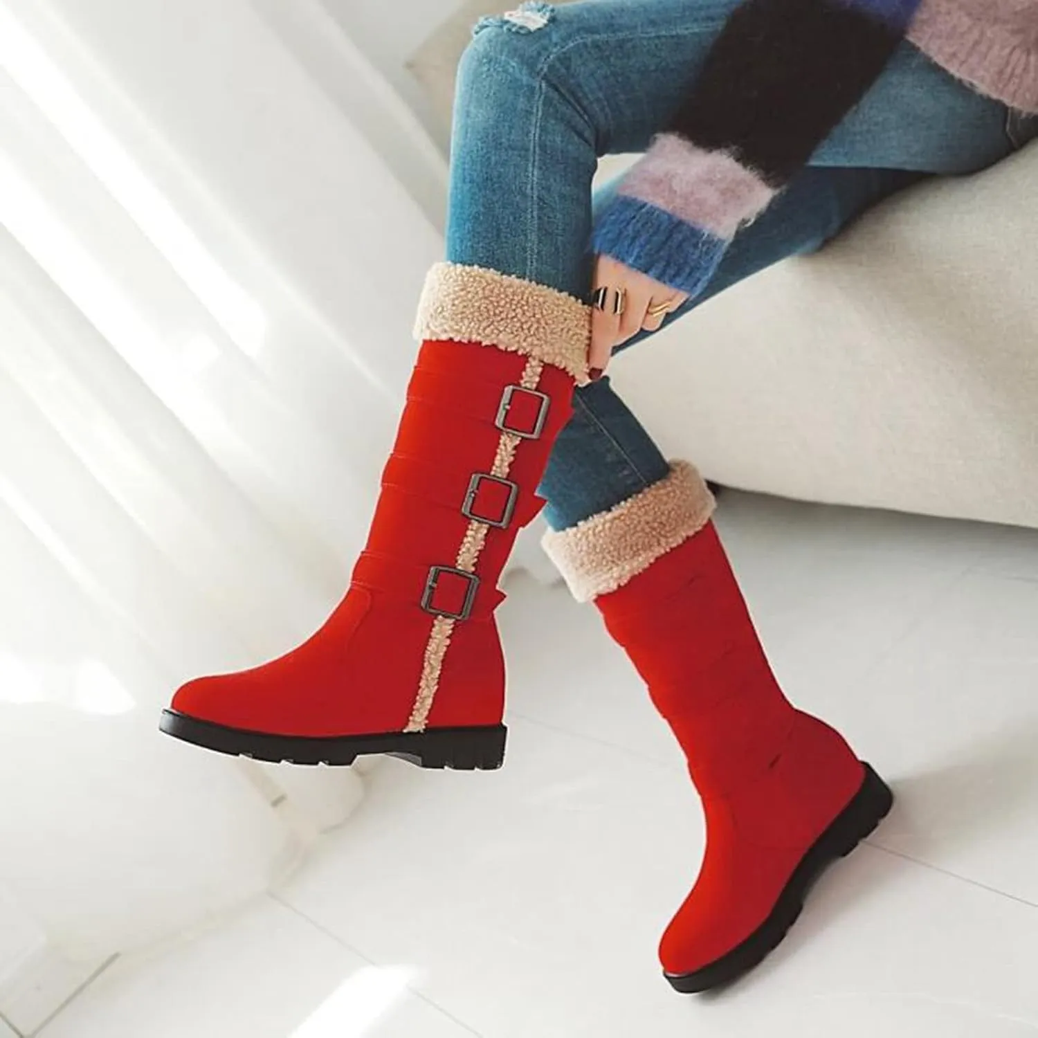 Bcshiye Women's Chunky Heel Knee High Snow Boots Winter Warm Comfy Suede Faux Fur Lined Buckle Round Toe Riding Booties