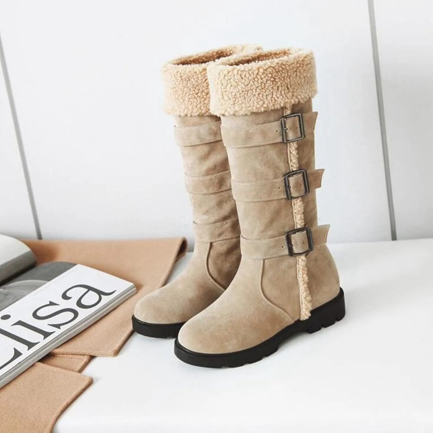 Bcshiye Women's Chunky Heel Knee High Snow Boots Winter Warm Comfy Suede Faux Fur Lined Buckle Round Toe Riding Booties