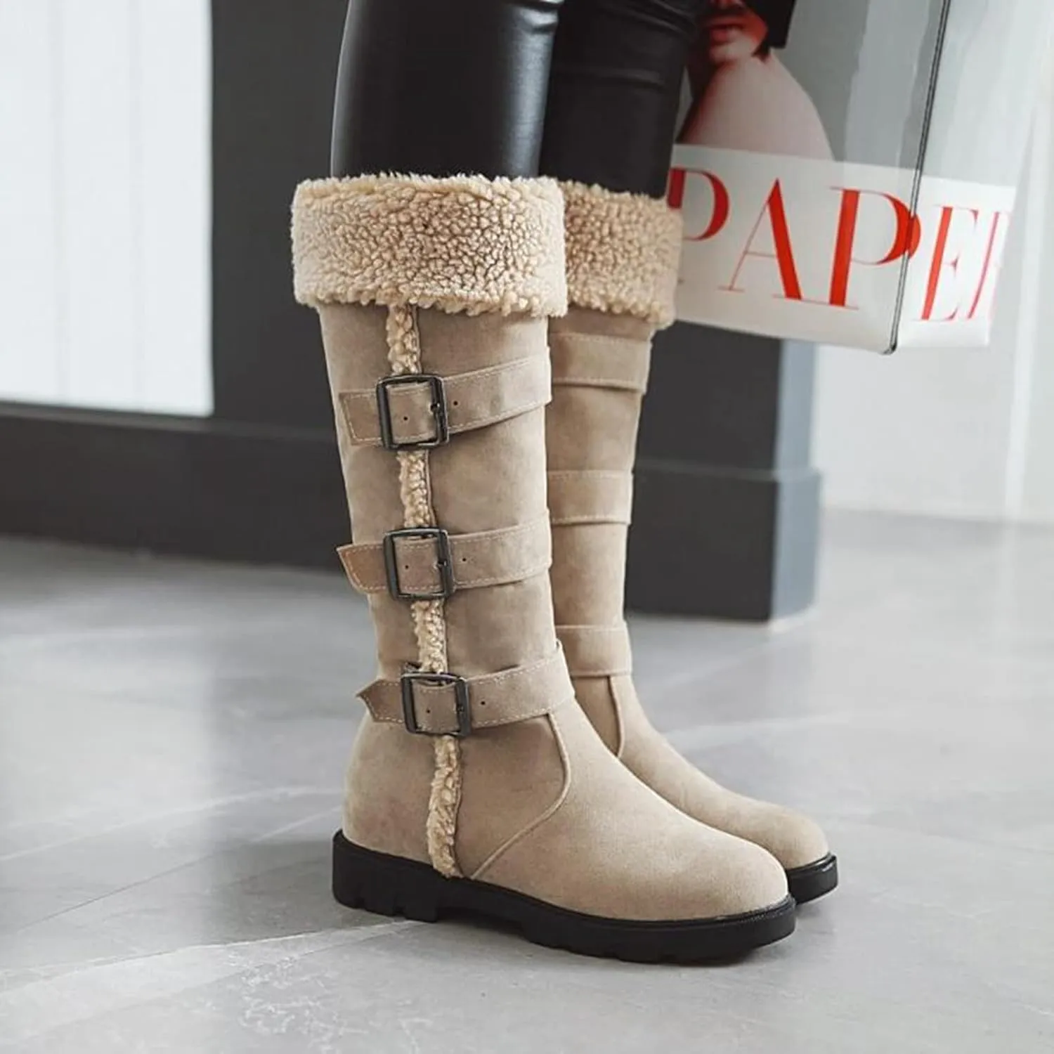 Bcshiye Women's Chunky Heel Knee High Snow Boots Winter Warm Comfy Suede Faux Fur Lined Buckle Round Toe Riding Booties