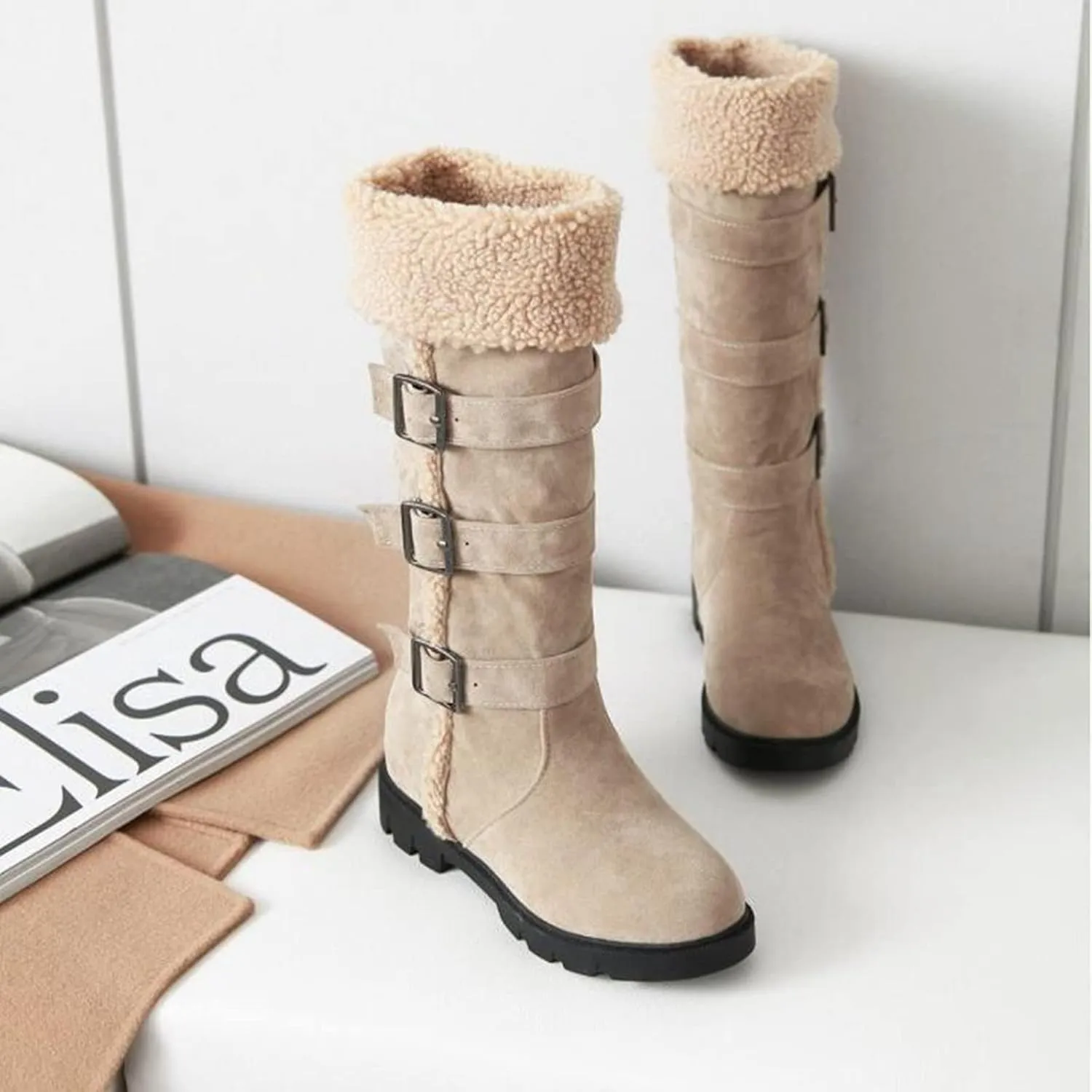 Bcshiye Women's Chunky Heel Knee High Snow Boots Winter Warm Comfy Suede Faux Fur Lined Buckle Round Toe Riding Booties
