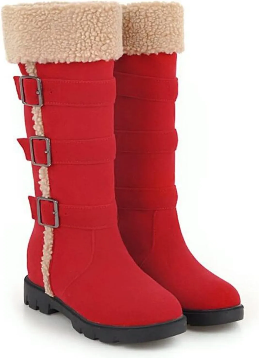 Bcshiye Women's Chunky Heel Knee High Snow Boots Winter Warm Comfy Suede Faux Fur Lined Buckle Round Toe Riding Booties