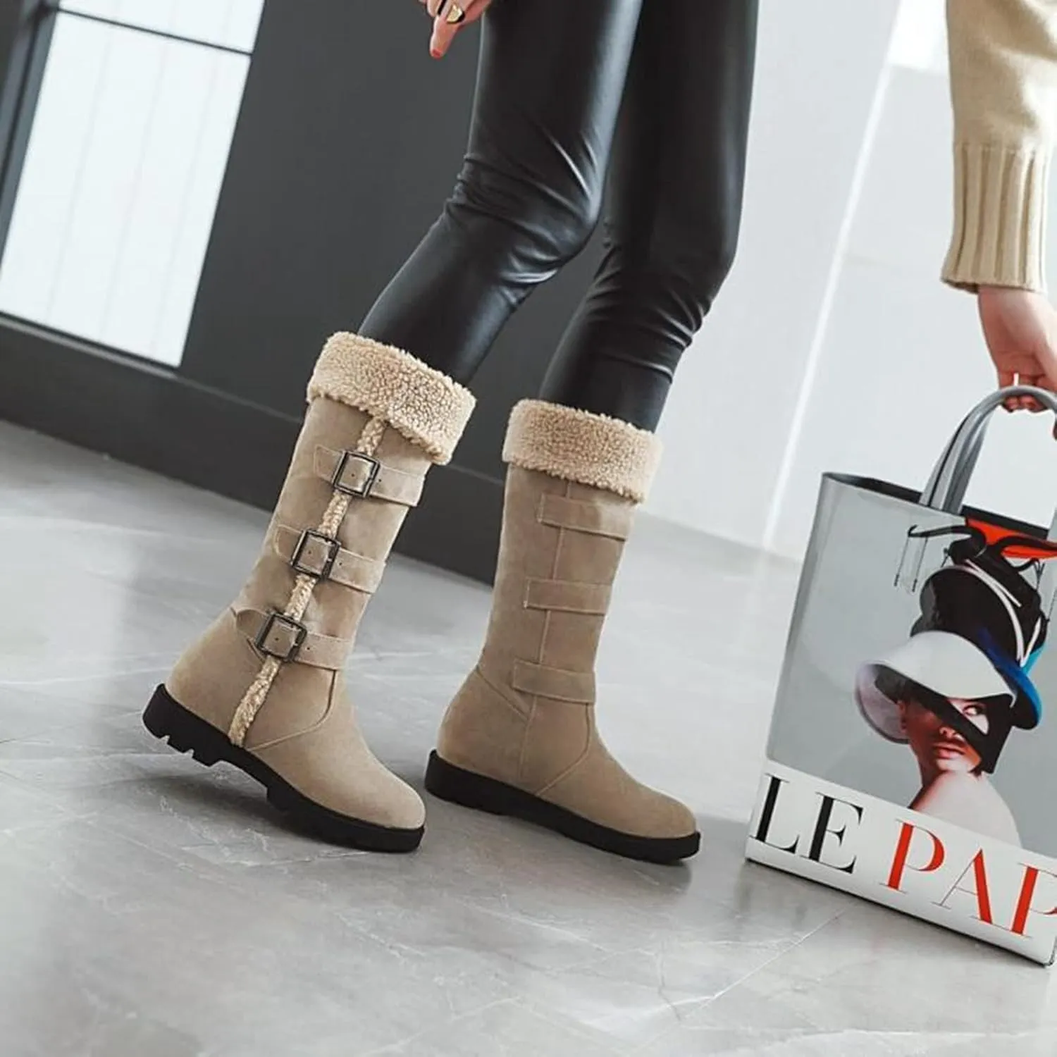 Bcshiye Women's Chunky Heel Knee High Snow Boots Winter Warm Comfy Suede Faux Fur Lined Buckle Round Toe Riding Booties