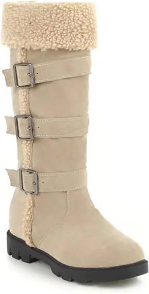 Bcshiye Women's Chunky Heel Knee High Snow Boots Winter Warm Comfy Suede Faux Fur Lined Buckle Round Toe Riding Booties