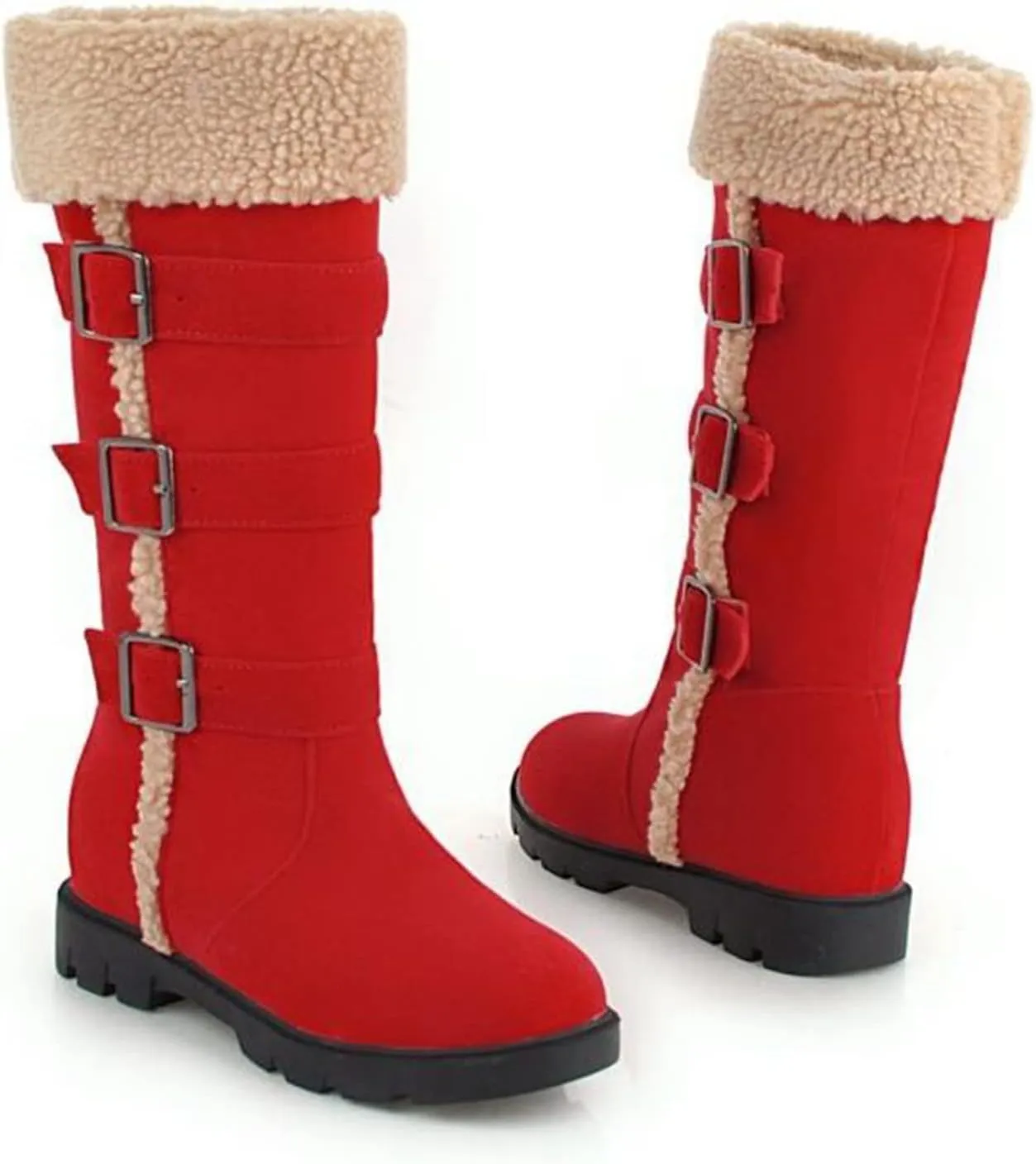 Bcshiye Women's Chunky Heel Knee High Snow Boots Winter Warm Comfy Suede Faux Fur Lined Buckle Round Toe Riding Booties