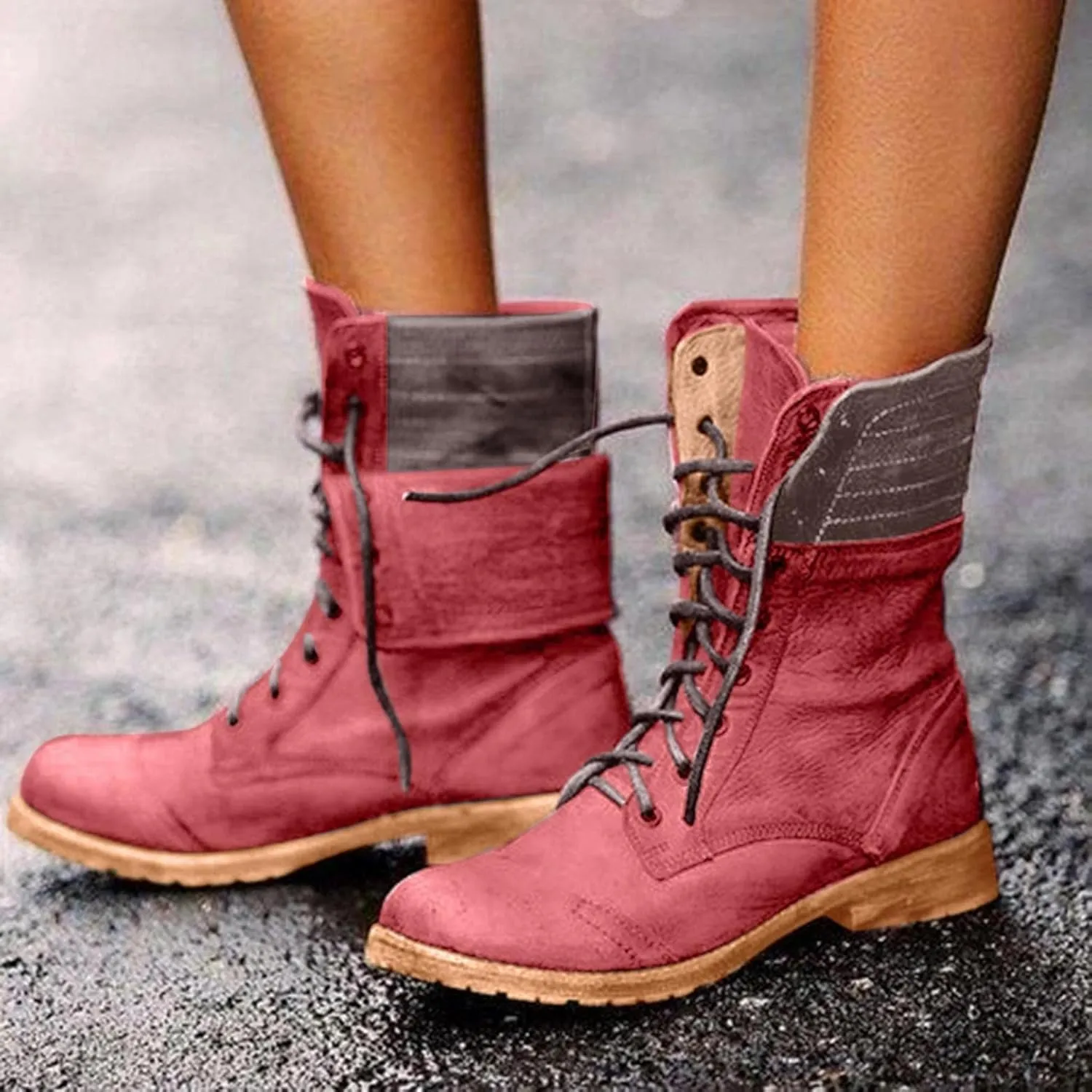 Bcshiye Women's Combat Boots Lace up Ankle Booties Fashion Mid Calf Ankle Booties Winter Warm Snow Boots for Women