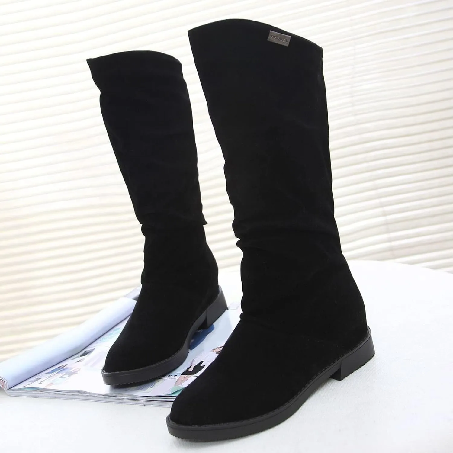 Bcshiye Women's Knee High Ankle Boots Suede Mid Calf Combat Riding Boots Anti-Slip Warm Winter Flat Snow Booties