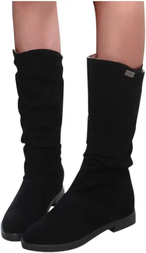 Bcshiye Women's Knee High Ankle Boots Suede Mid Calf Combat Riding Boots Anti-Slip Warm Winter Flat Snow Booties
