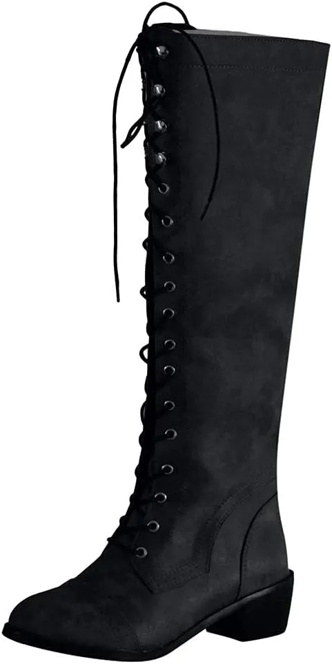 Bcshiye Women's Knee High Boots,Fashion Comfort Low Heel Lace up Riding Motorcycle Boots Winter Over Knee Long Boots