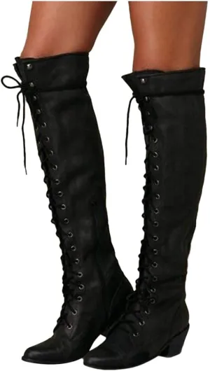 Bcshiye Women's Knee High Boots,Fashion Comfort Low Heel Lace up Riding Motorcycle Boots Winter Over Knee Long Boots