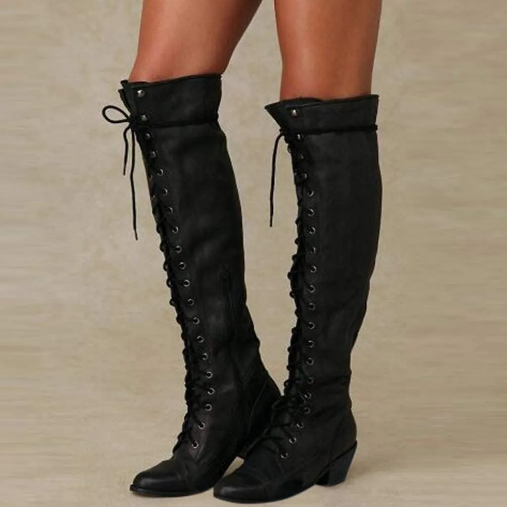Bcshiye Women's Knee High Boots,Fashion Comfort Low Heel Lace up Riding Motorcycle Boots Winter Over Knee Long Boots