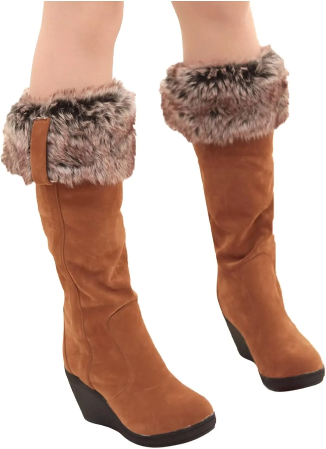 Bcshiye Womens Knee High Wedge Heel Boots Suede Winter Fur Lined Boots Slip On Round Toe Snow Warm Booties