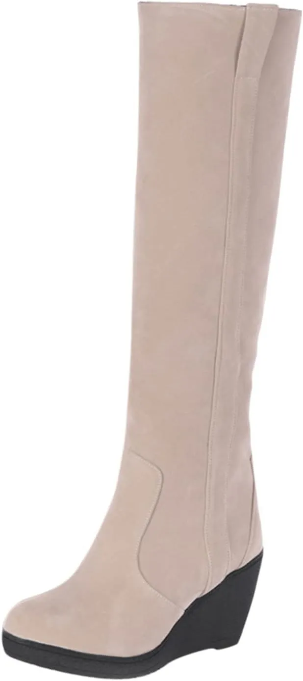 Bcshiye Womens Knee High Wedge Heel Boots Suede Winter Fur Lined Boots Slip On Round Toe Snow Warm Booties