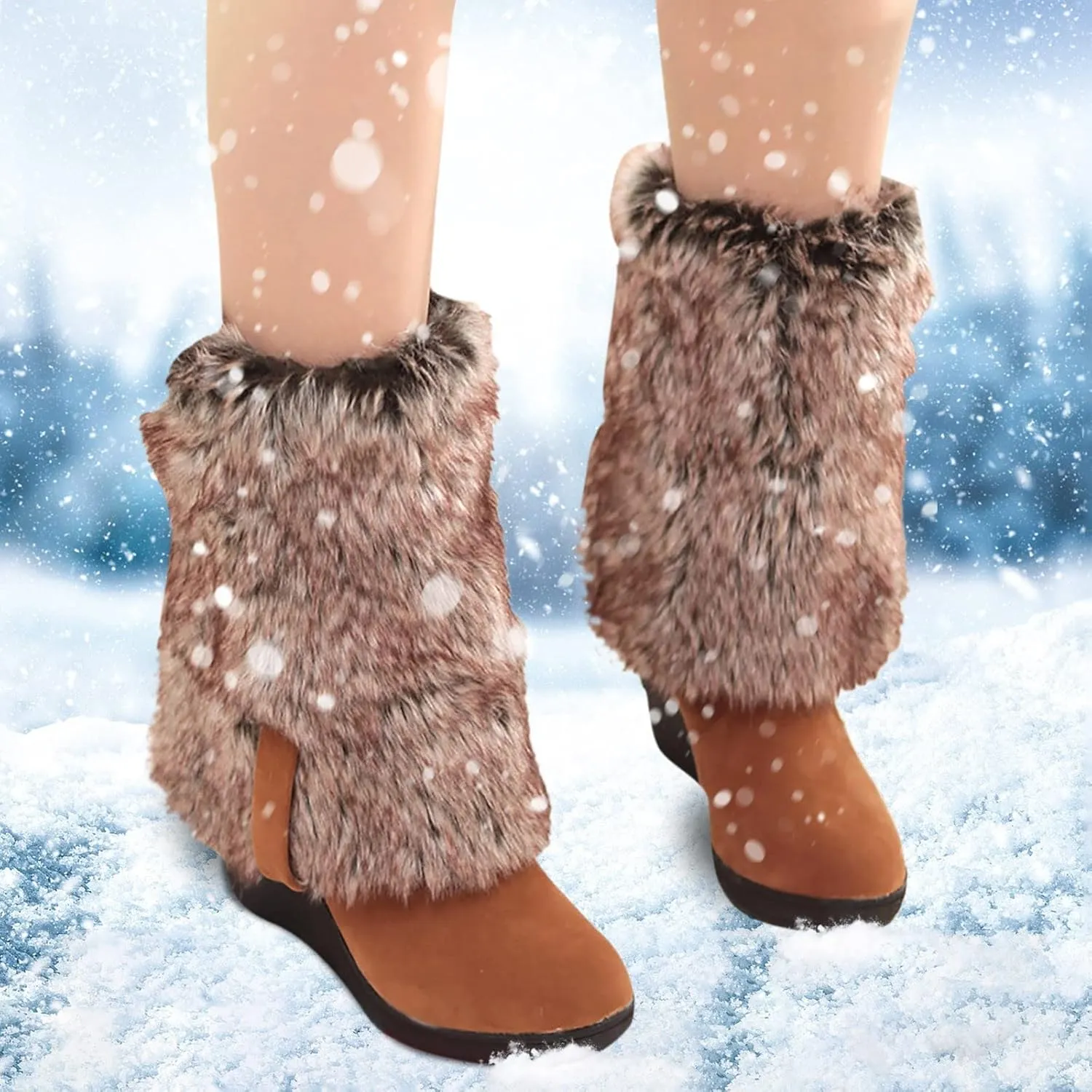 Bcshiye Womens Knee High Wedge Heel Boots Suede Winter Fur Lined Boots Slip On Round Toe Snow Warm Booties