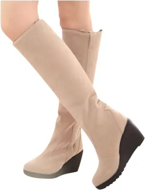 Bcshiye Womens Knee High Wedge Heel Boots Suede Winter Fur Lined Boots Slip On Round Toe Snow Warm Booties