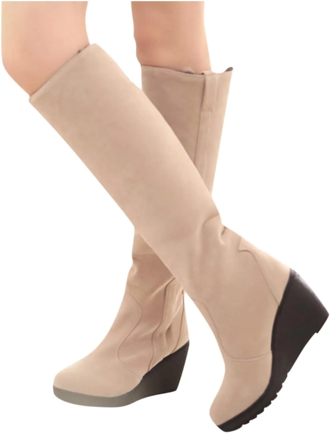 Bcshiye Womens Knee High Wedge Heel Boots Suede Winter Fur Lined Boots Slip On Round Toe Snow Warm Booties