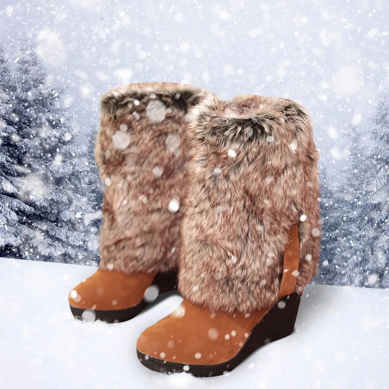 Bcshiye Womens Knee High Wedge Heel Boots Suede Winter Fur Lined Boots Slip On Round Toe Snow Warm Booties