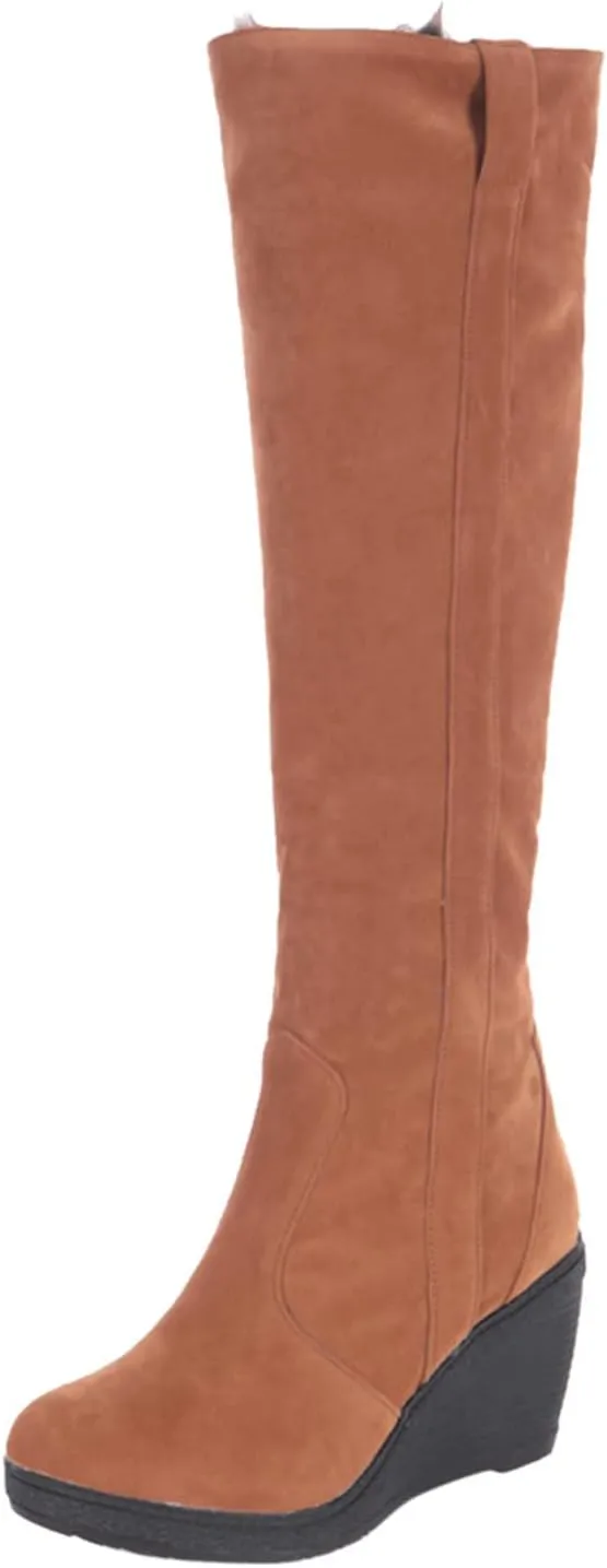 Bcshiye Womens Knee High Wedge Heel Boots Suede Winter Fur Lined Boots Slip On Round Toe Snow Warm Booties