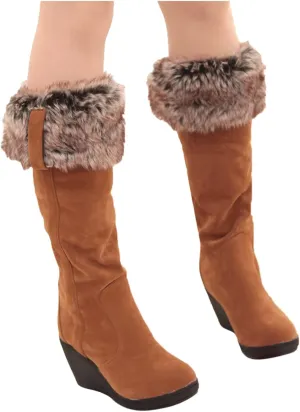 Bcshiye Womens Knee High Wedge Heel Boots Suede Winter Fur Lined Boots Slip On Round Toe Snow Warm Booties