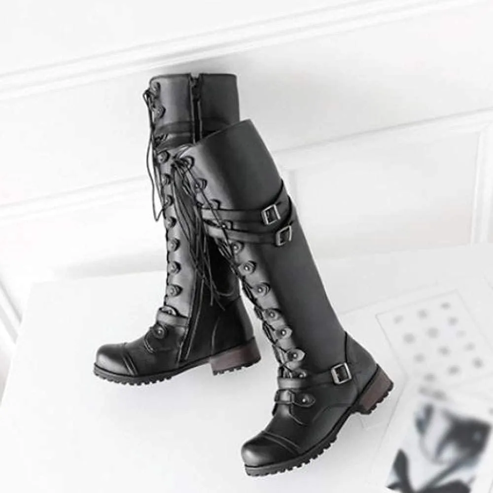 Bcshiye Women's Riding Boots,Knee High Lace Up Buckle Winter Combat Riding Boots Low Heel Ankle Strap Long Booties