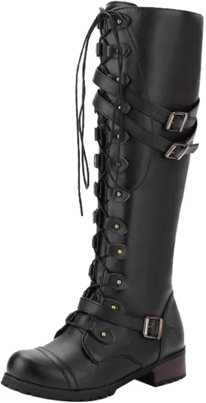 Bcshiye Women's Riding Boots,Knee High Lace Up Buckle Winter Combat Riding Boots Low Heel Ankle Strap Long Booties