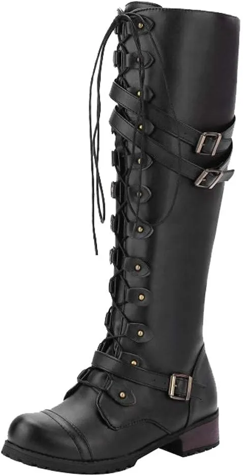 Bcshiye Women's Riding Boots,Knee High Lace Up Buckle Winter Combat Riding Boots Low Heel Ankle Strap Long Booties